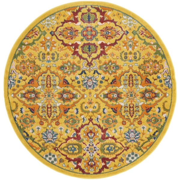 5 ft. Round Yellow Floral Washable Area Rug
