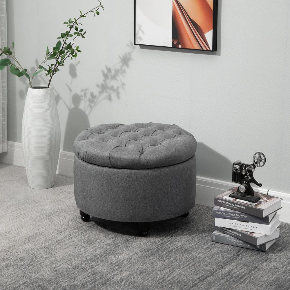 Vintage Round Tufted Linen-Feel Storage Ottoman in Grey