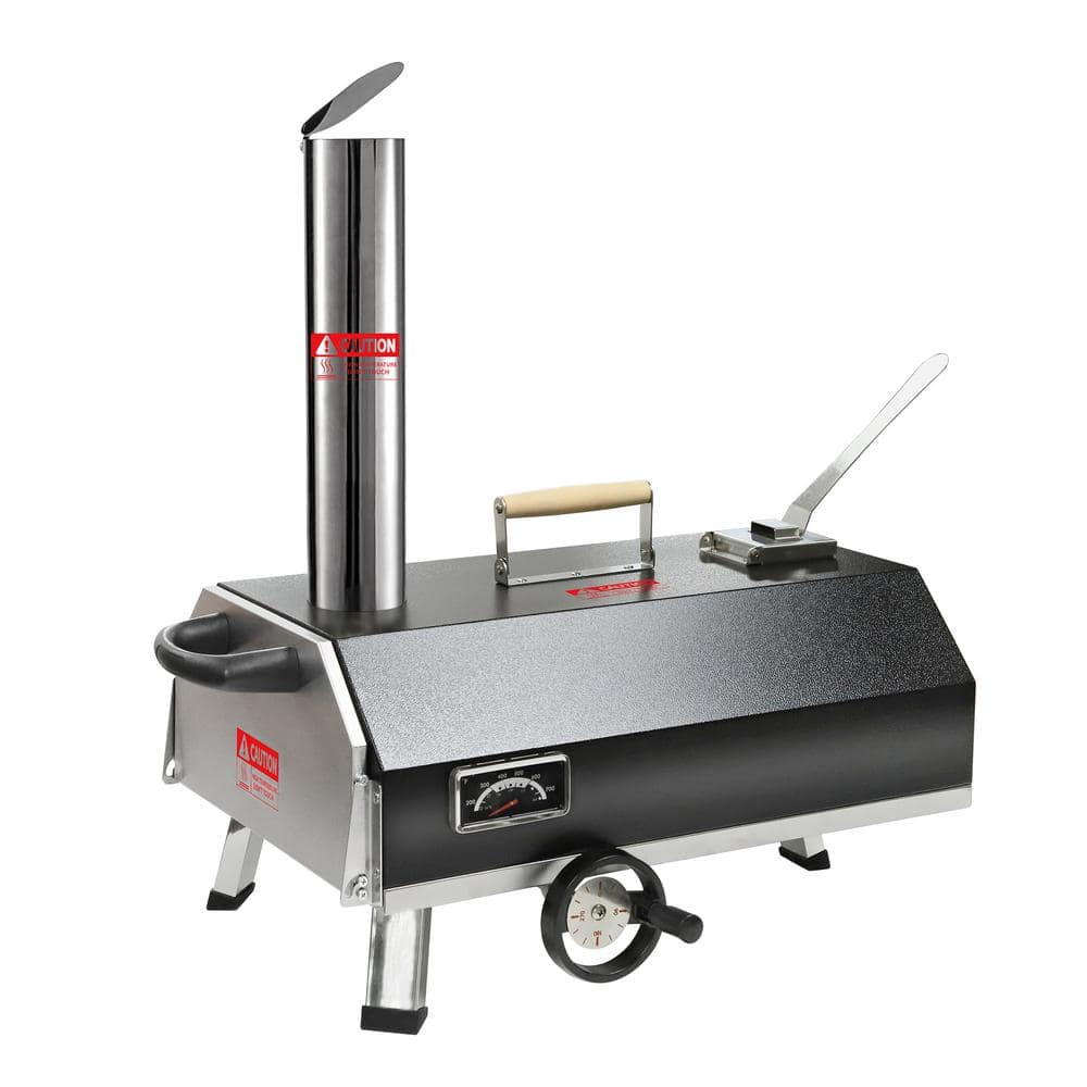 12 in. Portable Wood Fired Pizza Oven Black Semi-Automatic Rotatable Outdoor Pizza Oven with Thermometer 10 Accessories