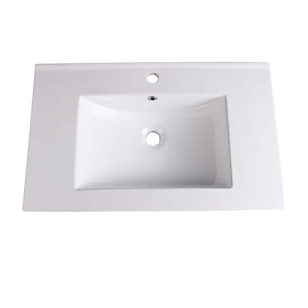 White Ceramic Rectangular Bathroom Sink with Overflow, 30"
