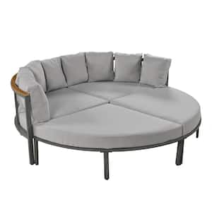 4 Piece Acacia Wood Outdoor Round Session Set Shape Patio Furniture Set, All Weather Sectional Sofa with Grey Cushions