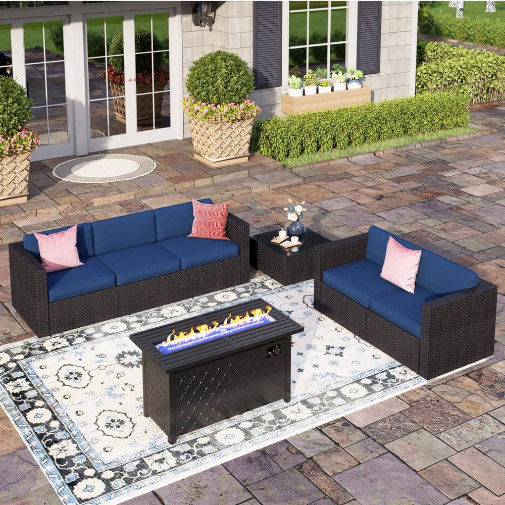 PHI VILLA Dark Brown Rattan Wicker 5 Seat 7-Piece Steel Outdoor Fire ...