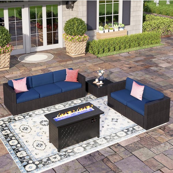PHI VILLA Dark Brown Rattan Wicker 5 Seat 7-Piece Steel Outdoor Fire Pit Patio Set with Blue Cushions, Rectangular Fire Pit Table