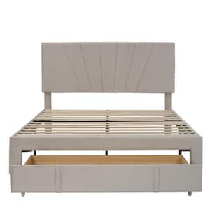 62.2 in. Width Beige Queen Size Wood Velvet Upholstered Platform Bed with a Big Drawer and Tufted Headboard