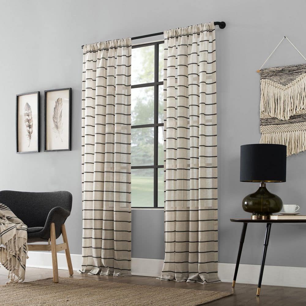 Black and Linen Stripe Sheer Rod Pocket Curtain Panel, 52" x 84"