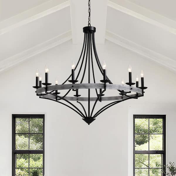 40 in. 12-Light Black Candle Style Dimmable Wagon Wheel Chandelier for Dining Room and Living Room