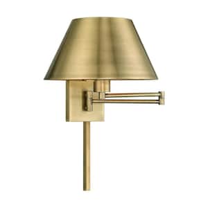 Atwood 1-Light Antique Brass Plug-In/Hardwired Swing Arm Wall Lamp with Metal Shade