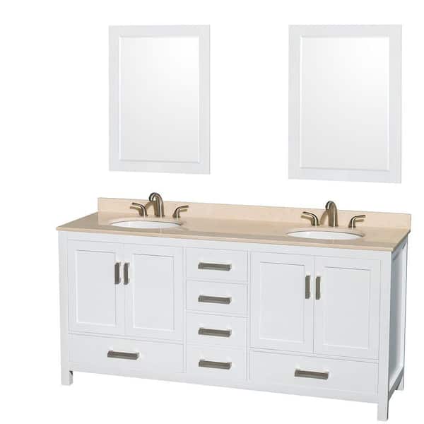 Wyndham Collection Sheffield 72 in. Double Vanity in White with Marble Vanity Top in Ivory and 24 in. Mirrors