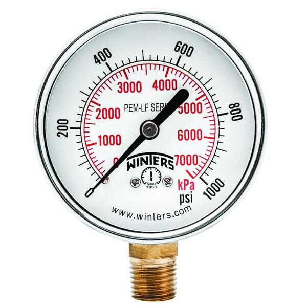 Winters Instruments PEM-LF Series 2.5 in. Lead-Free Brass Pressure Gauge with 1/4 in. NPT LM and 0-1000 psi/kPa