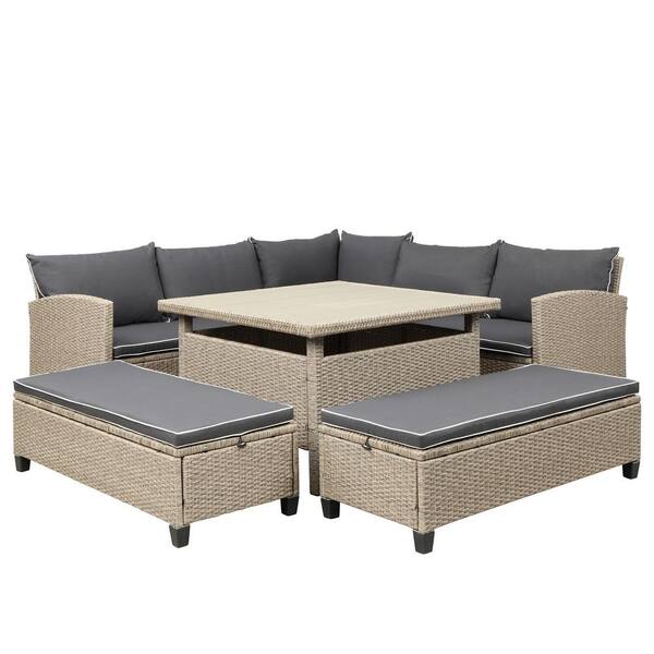 rattan table and benches