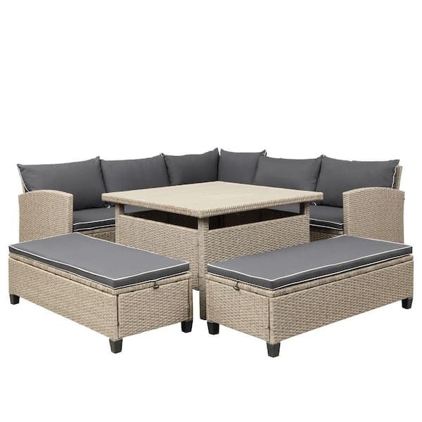 Willit Brown 6-Piece Wicker Metal Fabric Outdoor Sectional Set with Gray Cushions
