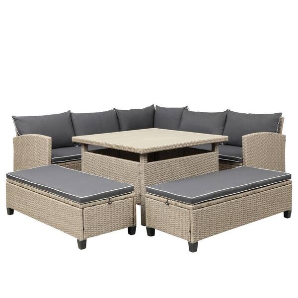 FORCLOVER 6-Piece Wicker Patio Conversation Set with Gray Cushions