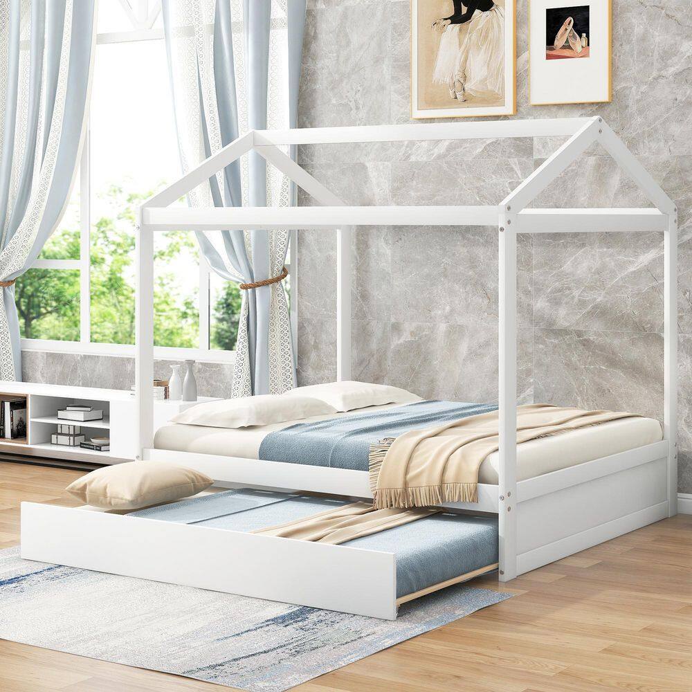 Harper & Bright Designs White Full House Bed With Trundle Qhs052aak 