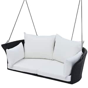 59 in. 2-Person Black Wicker Porch Swing with Ropes and White Cushions for Patio Garden Yard