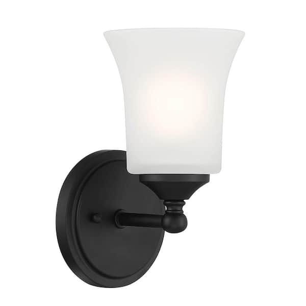 Designers Fountain Bronson 5.25 in. 1-Light Matte Black Wall Sconce with Etched Glass Shade