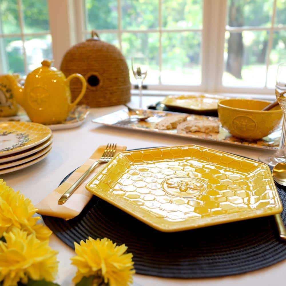 Yellow Embossed Honeycomb Ceramic Dinner Plates, Set of 4