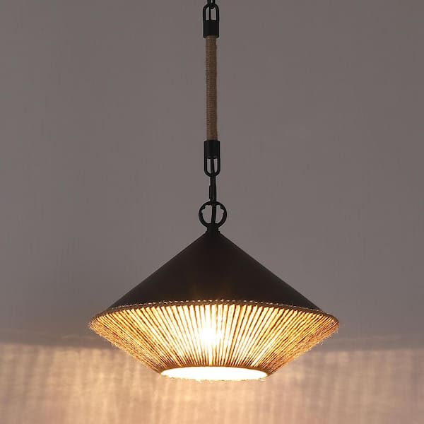 1-Light Black Bohemian Island Pendant Light with Hemp Rope Shade