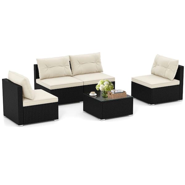 Costway 5-Piece Patio Rattan Wicker Furniture Conversation Set Cushioned Sofa Deck in Off White