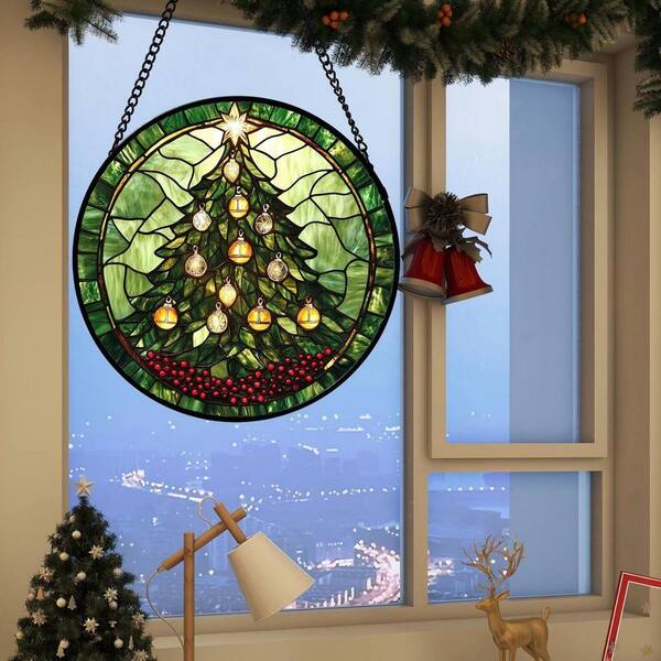 Green Christmas Tree Stained Glass Art Glass Window HDFKYD163S