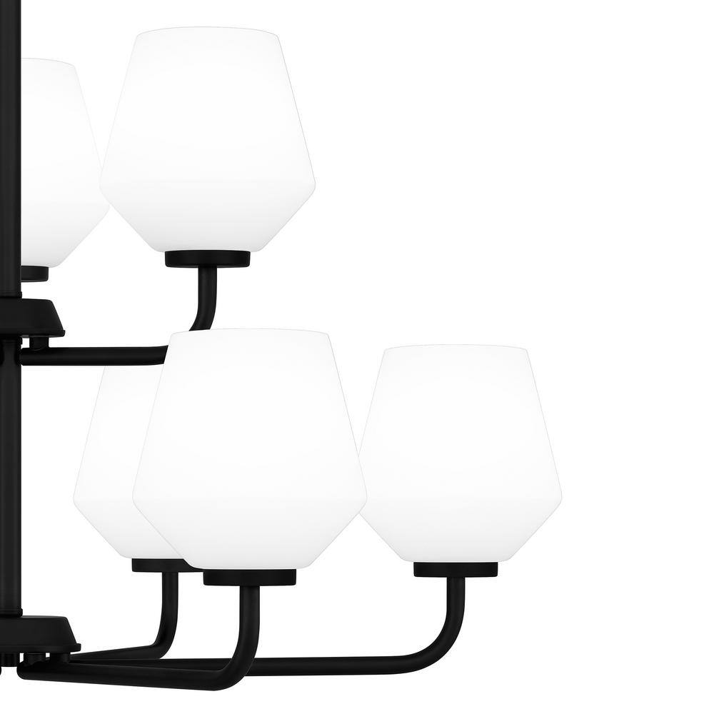 Matte Black 9-Light Chandelier with Opal Glass Shades