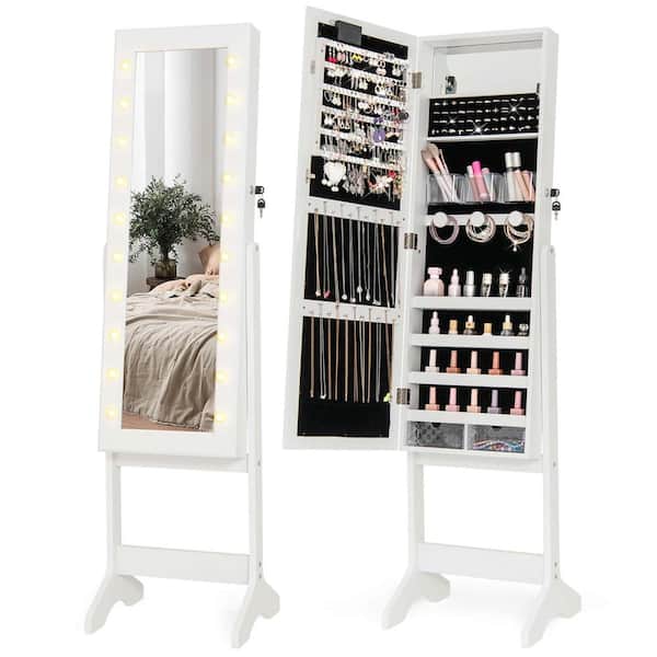 Costway White LED Mirror Jewelry Cabinet with 20 LED Lights Full-Length Mirror Adjustable Angles