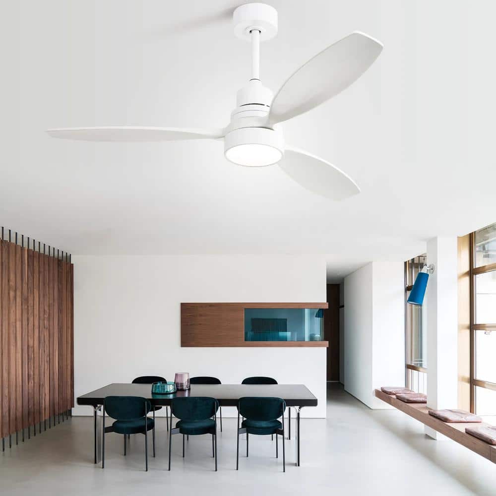 52" White Steel and Wood Ceiling Fan with LED Light and Remote