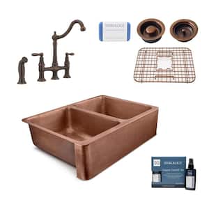 Copley All-in-One Farmhouse Copper Sink 32 in. Double Bowl Kitchen Sink with Pfister Bridge Faucet and Drains