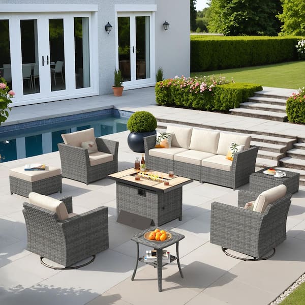 OVIOS Bexley Gray 10-Piece Wicker Rectangle Fire Pit Patio Conversation Set with Fine-Stripe Beige Cushions and Swivel Chairs