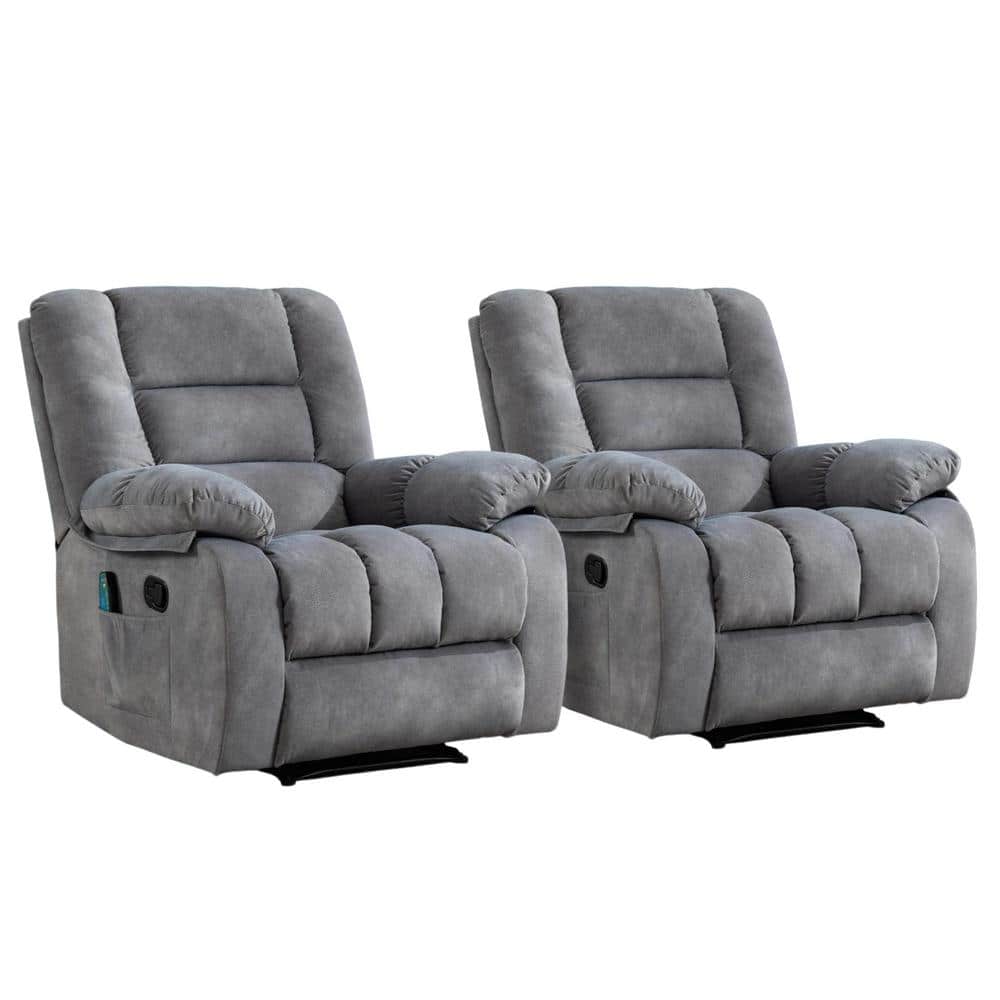 Two gray fabric recliner chairs side by side on a white background.