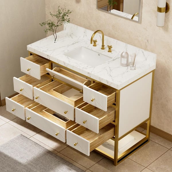 Solidoak 48 in. W x 22 in. D x 35.4 in. H Single Sink Bath Vanity in White with White Engineered Marble Top