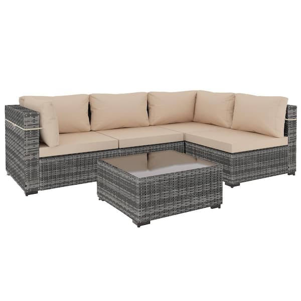 PATIOGUARDER 5-Piece Gray Wicker Patio Conversation Set with Beige Cushions and Coffee Table