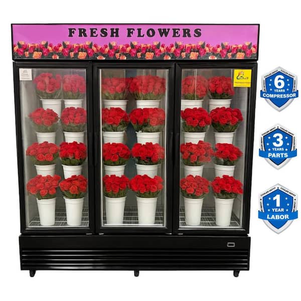 74 in. W 56.5 cu. ft. Commercial 3 Glass Door Flower Cooler Floral Refrigerator Merchandiser Cooler in White