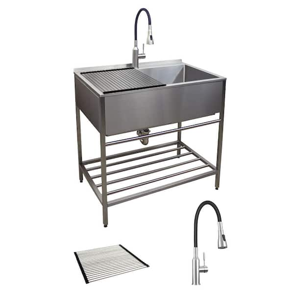 36 in. x 22 in. x 34 in. Stainless Steel Apron-Front Freestanding Utility/Laundry Sink with Wash Stand in Brushed Satin