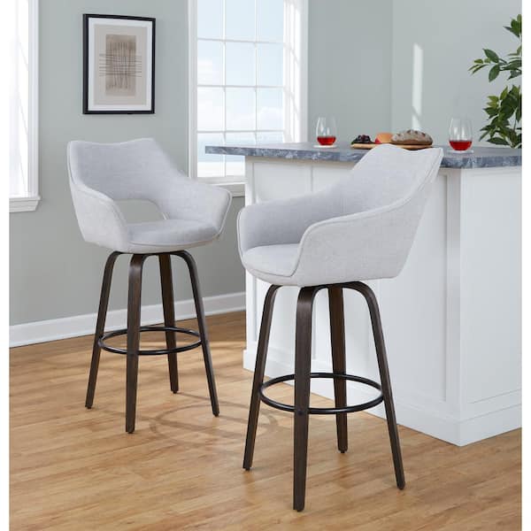Mustang 30.25 in. Grey Fabric, Walnut Glazed Wood, and Black Metal Fixed-Height Barstool (Set of 2)