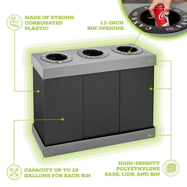 Alpine Industries 471-03-BLK 28 Gal. Black Corrugated Plastic 3-Compartment Indoor Trash Can and Recycling Bin - 3
