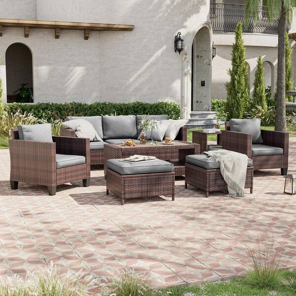 7-Piece Brown Wicker Outdoor Conversation Seating Sofa Set with Coffee Table, Gray Cushions