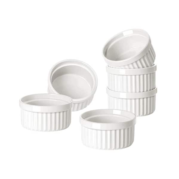 6-Piece White Ceramic Ramekin Set Oven Microwave Dishwasher Safe Stackable Nonstick for Baking Custard Souffle