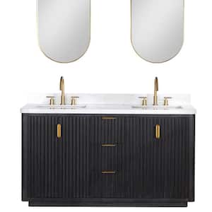 Cádiz 60 in. W x 22 in. D x 34 in. H Double Bathroom Vanity in Fir Wood Black with White Composite top and Mirror
