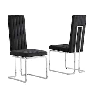 Jana Black Velvet Fabric Vertical Line Design Chrome Iron Side Chair (Set of 2)