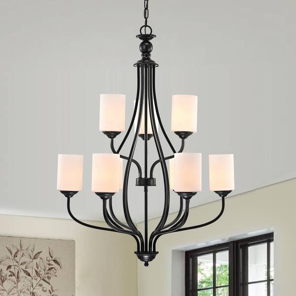 Edvivi 9-Light Matte Black Classic Chandelier with White Etched Glass Shades