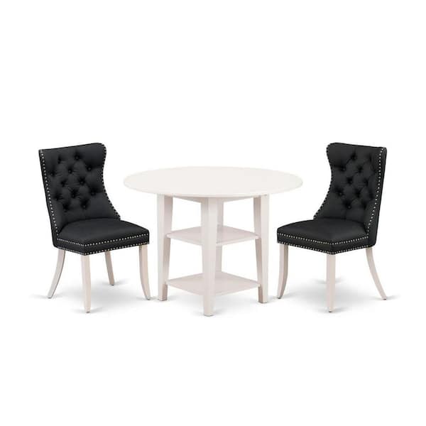 East West Furniture 3-Piece Linen White Finish Round Solid Wood Top With Dropleaf Dining Table Set