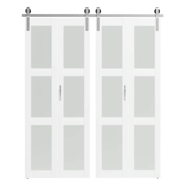 60in x 84in White, 3 Lite, Frosted Glass Finished, MDF Bi-Fold Style Sliding Barn Door with Hardware Kit & Nickel Sliver