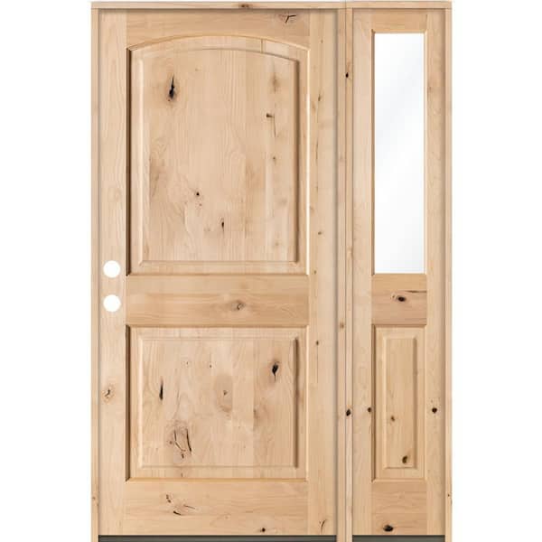 46 in. x 80 in. Knotty Alder 2-Panel Arch-Top Right-Hand/Inswing Clear Glass Unfinished Wood Prehung Front Door RHSL