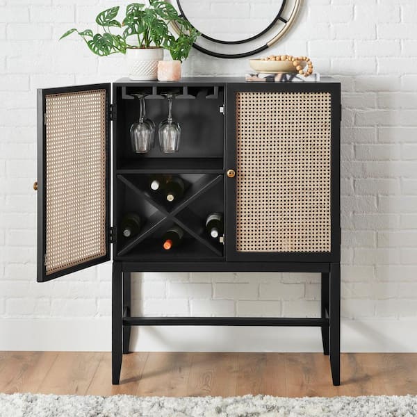 StyleWell Odell Cane Accent Bar Cabinet with Removable Wine Rack in Black/Rattan (36" W x 47.5" H)