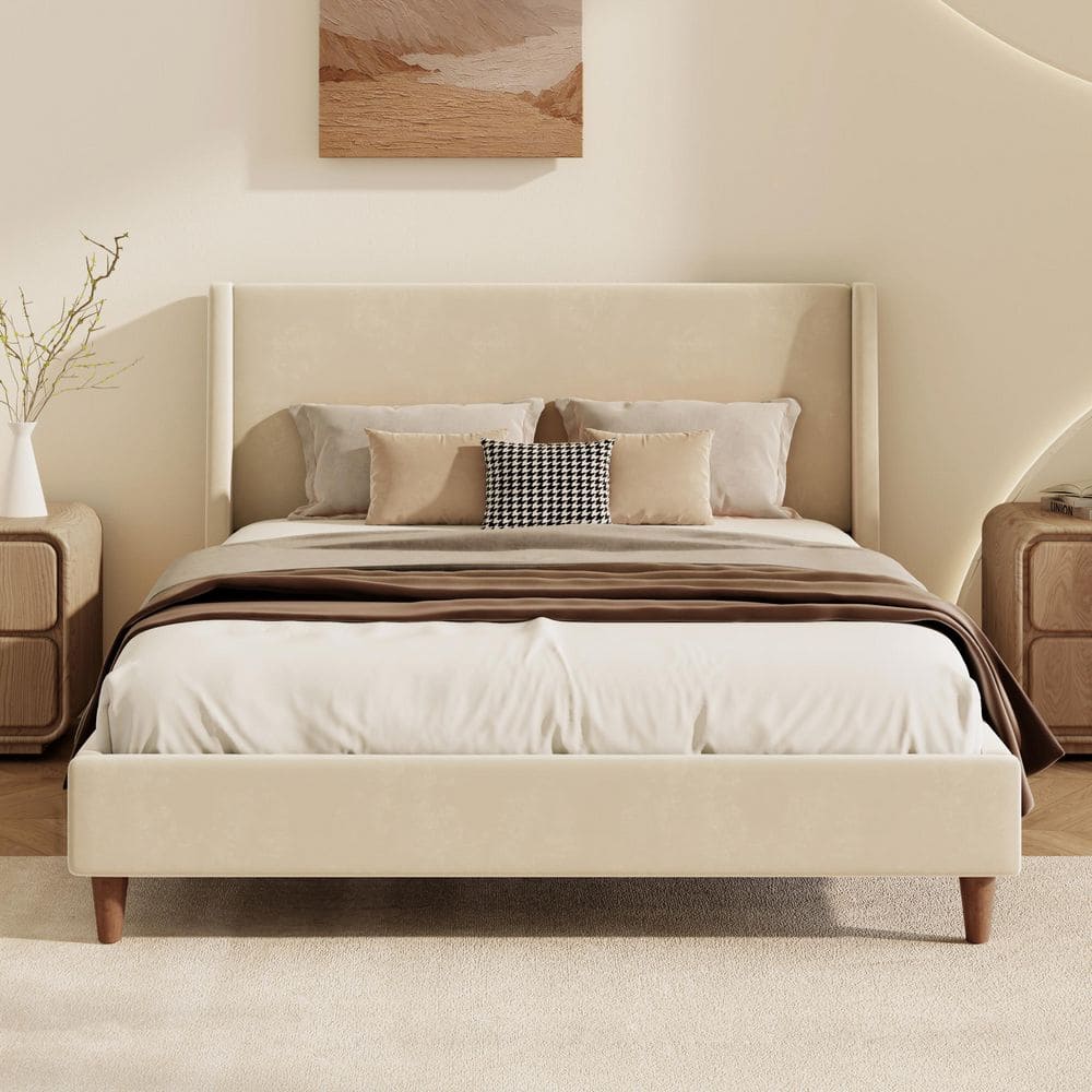 Beige Wood Frame Queen Size Fabric Upholstered Platform Bed