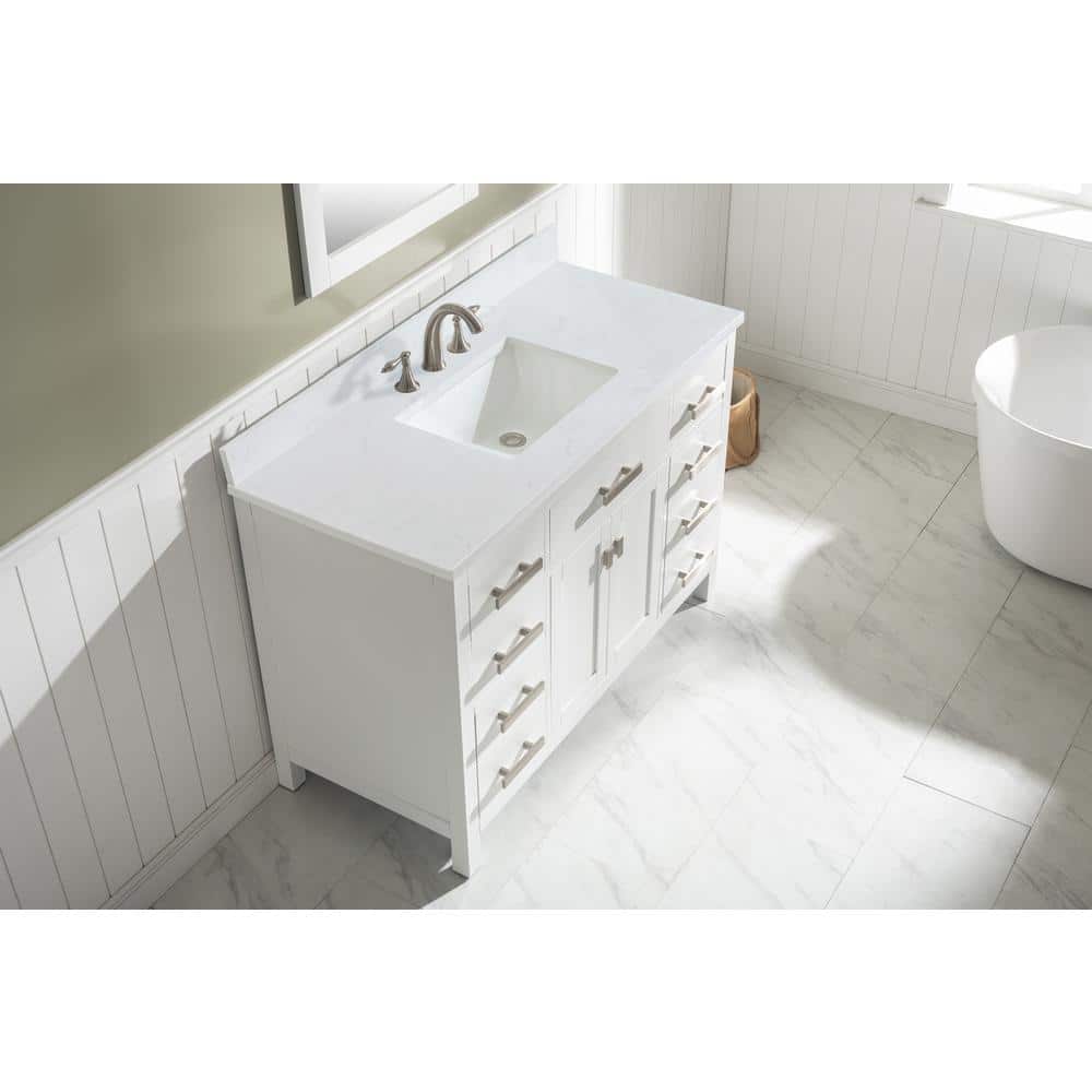 White Quartz Freestanding Single Vanity with Porcelain Sink