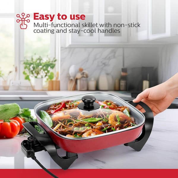 HOLSTEIN HOUSEWARES 12 in. Red Electric Skillet with Glass Lid and