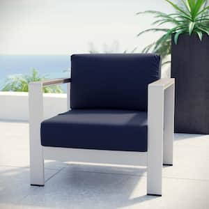 Shore Outdoor Patio Aluminum Lounge Chair in Silver with Navy Cushions
