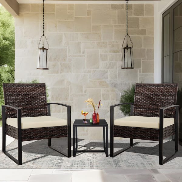 JUSKYS Cute 3-Piece Brown Wicker Patio Conversation Set with Beige Cushions