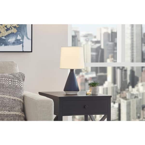 Hampton Bay 15.125 in. Navy Ceramic Table Lamp with White Fabric Shade